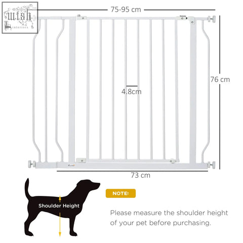 White metal safety gate with vertical bars and adjustable width markings for pawhut wide dog use