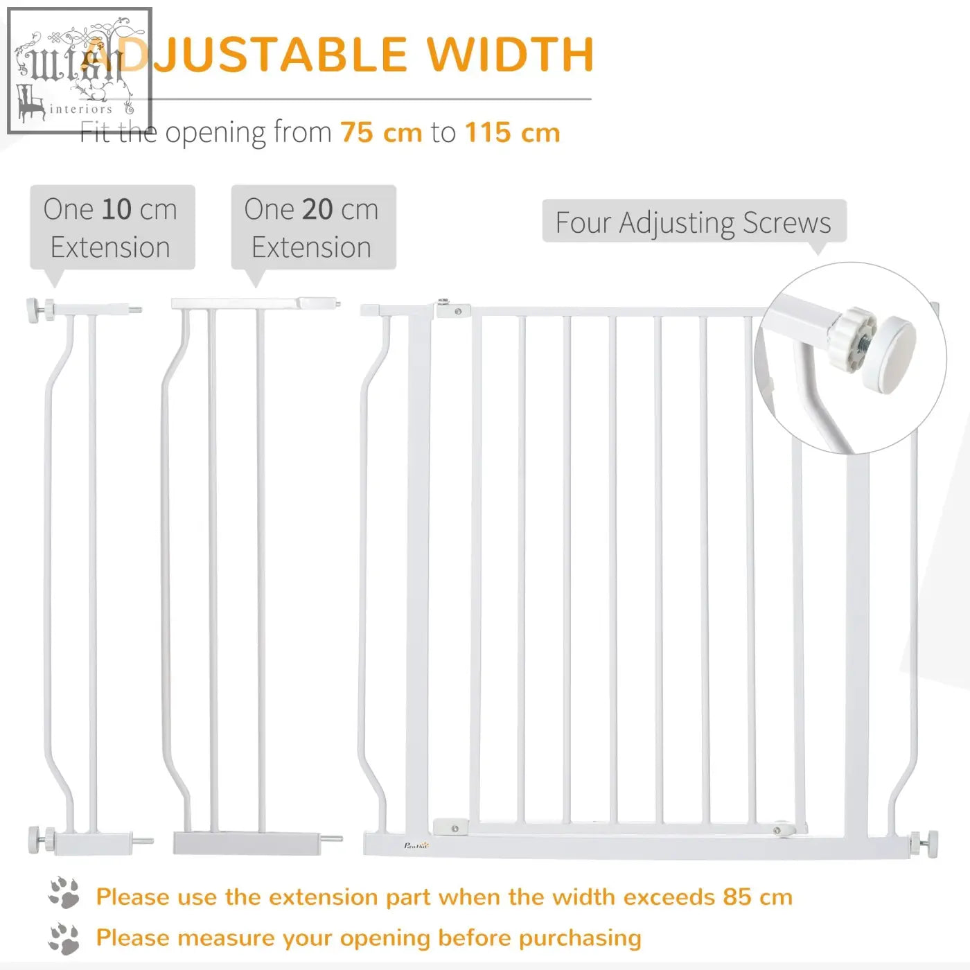 White metal pawhut wide dog safety gate with adjustable width 75 to 115 cm and two extensions for doorways