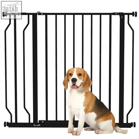 Black metal pawhut wide dog safety gate with vertical bars and adjustable width for doorways and staircases