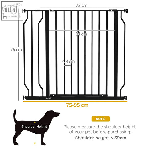 Black metal safety gate with vertical bars and adjustable width markings from pawhut wide dog for doors and stairs