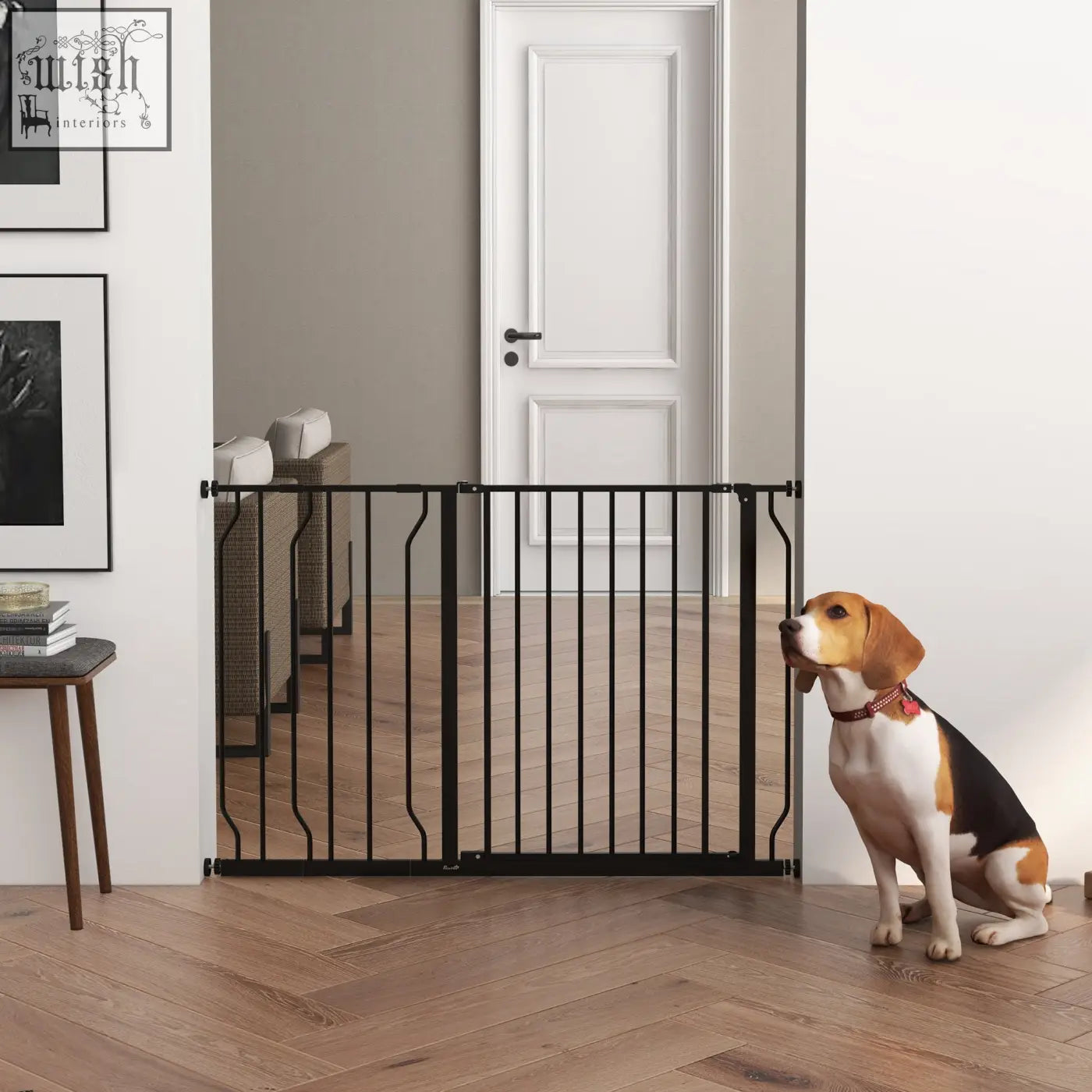 Black metal pet safety gate with adjustable width and curved side panels for doorways and staircases by pawhut