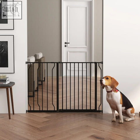 Black metal pet safety gate with adjustable width and curved side panels for doorways and staircases by pawhut