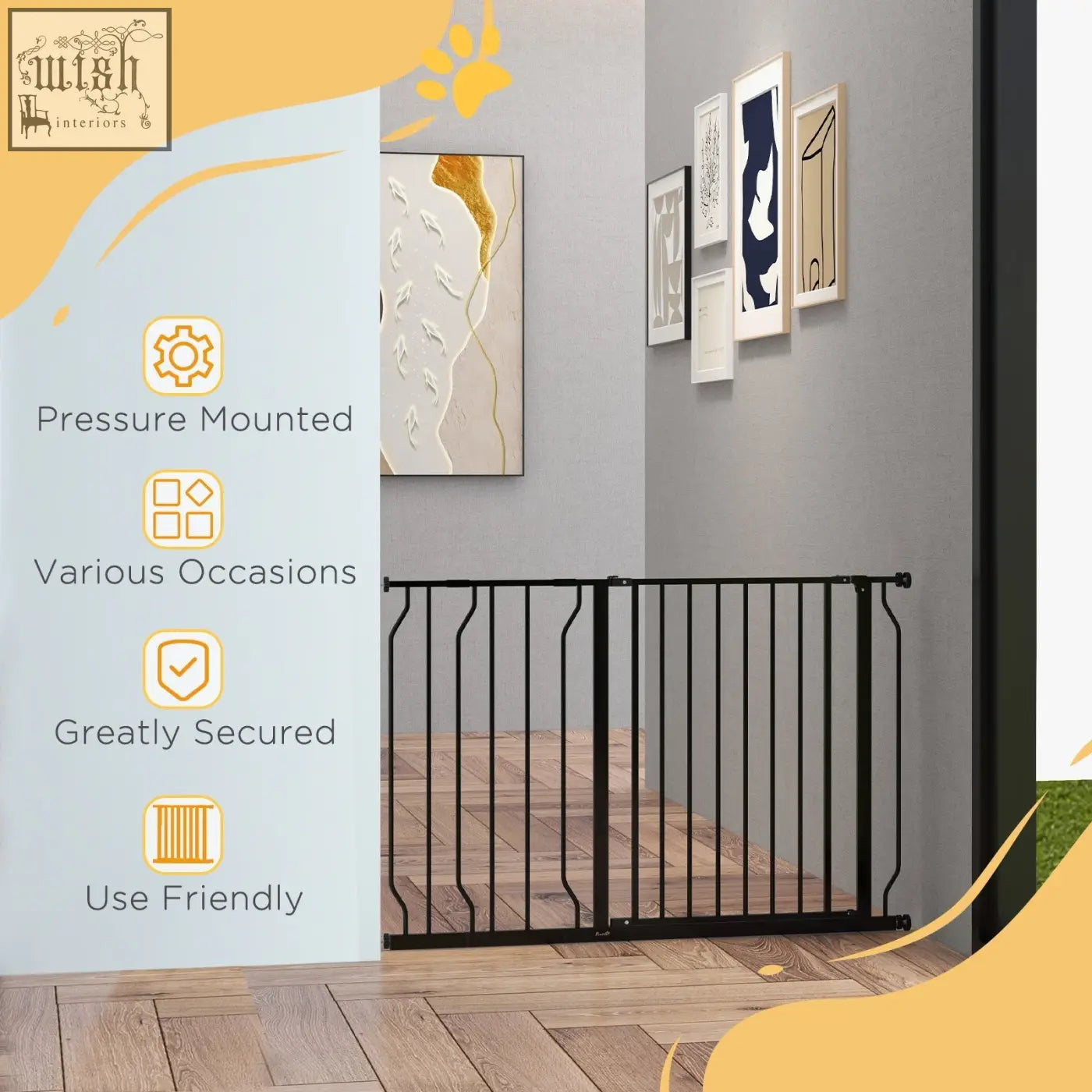 Black metal safety gate with vertical bars and adjustable width pressure-mounted design for doorways and hallways