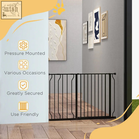 Black metal safety gate with vertical bars and adjustable width pressure-mounted design for doorways and hallways