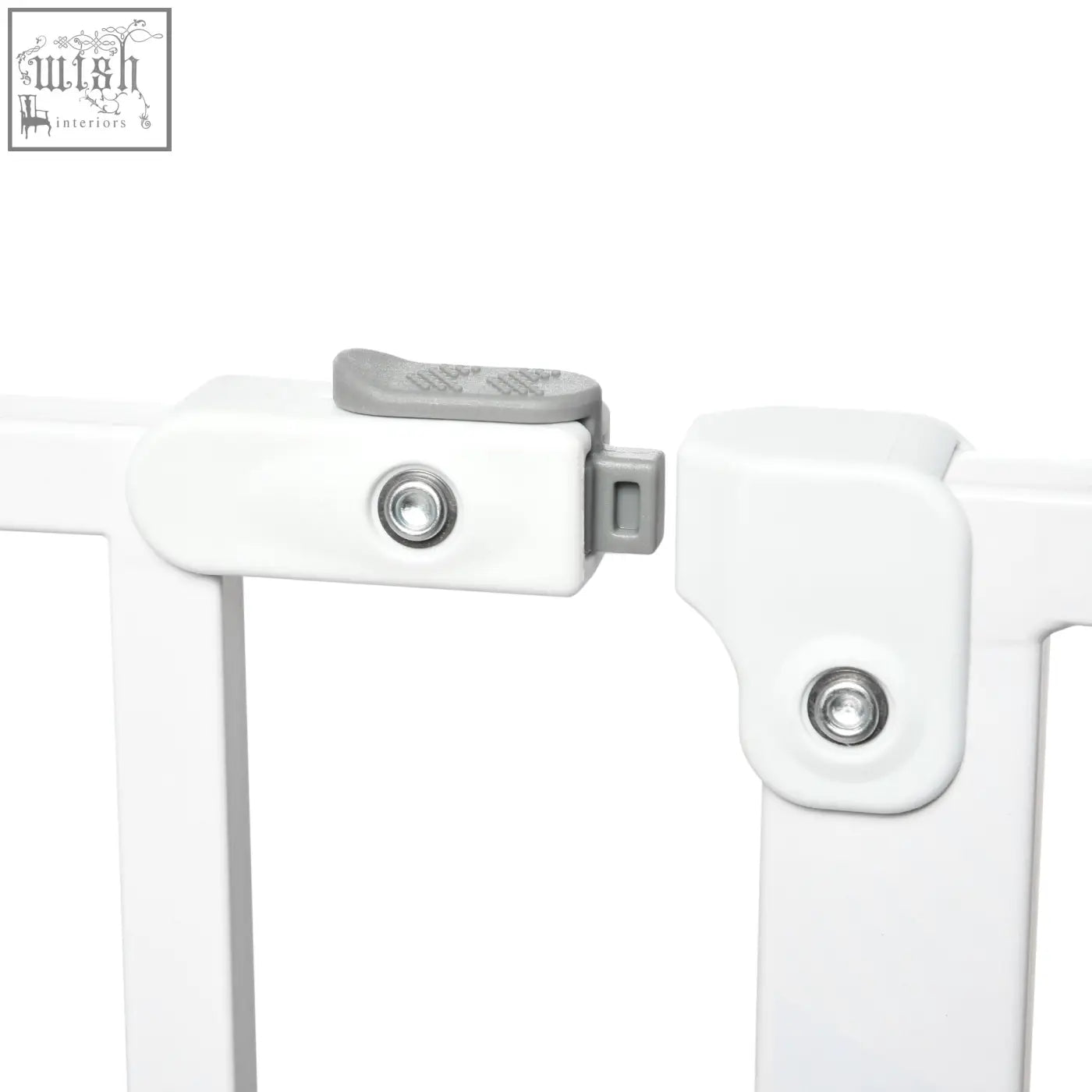 White plastic safety gate latch with gray grip and metal screws for pawhut wide dog adjustable width safety gate