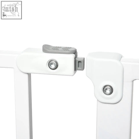 White plastic safety gate latch with gray grip and metal screws for pawhut wide dog adjustable width safety gate