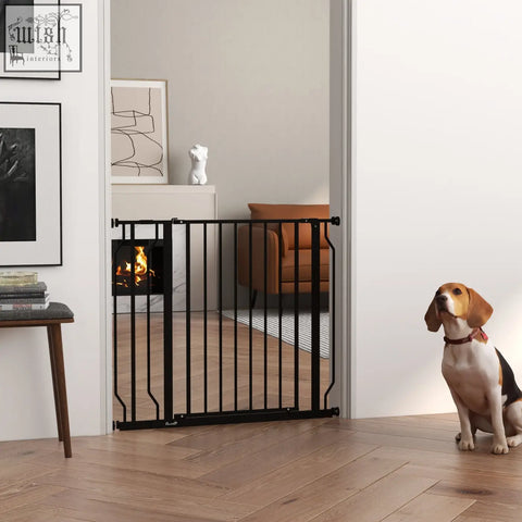 Black metal safety gate with adjustable width and vertical bars pawhut wide dog gate for doorways and hallways
