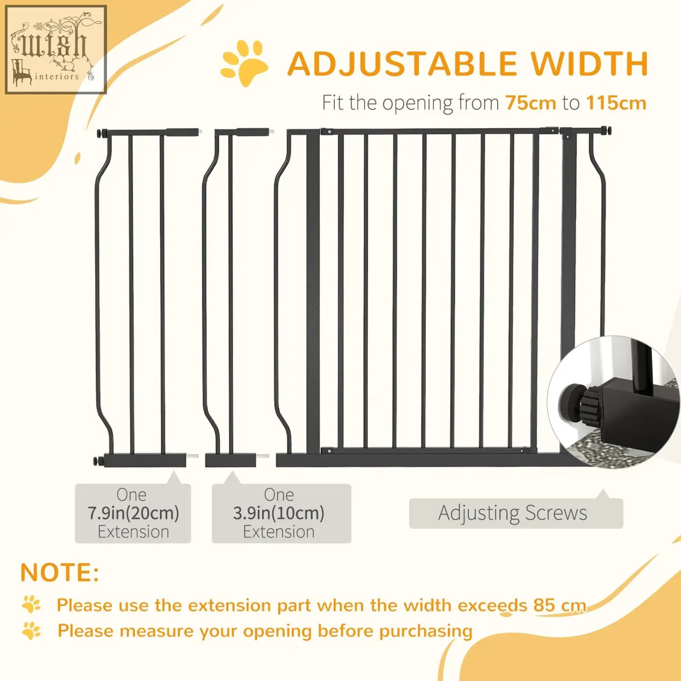 Black metal pawhut safety gate with adjustable width fits openings from 75cm to 115cm for doors and stairs