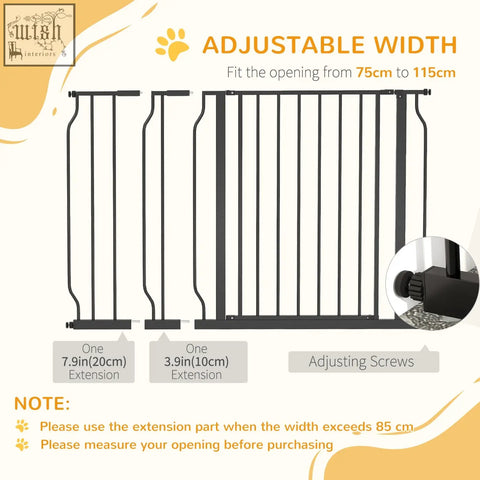 Black metal pawhut safety gate with adjustable width fits openings from 75cm to 115cm for doors and stairs