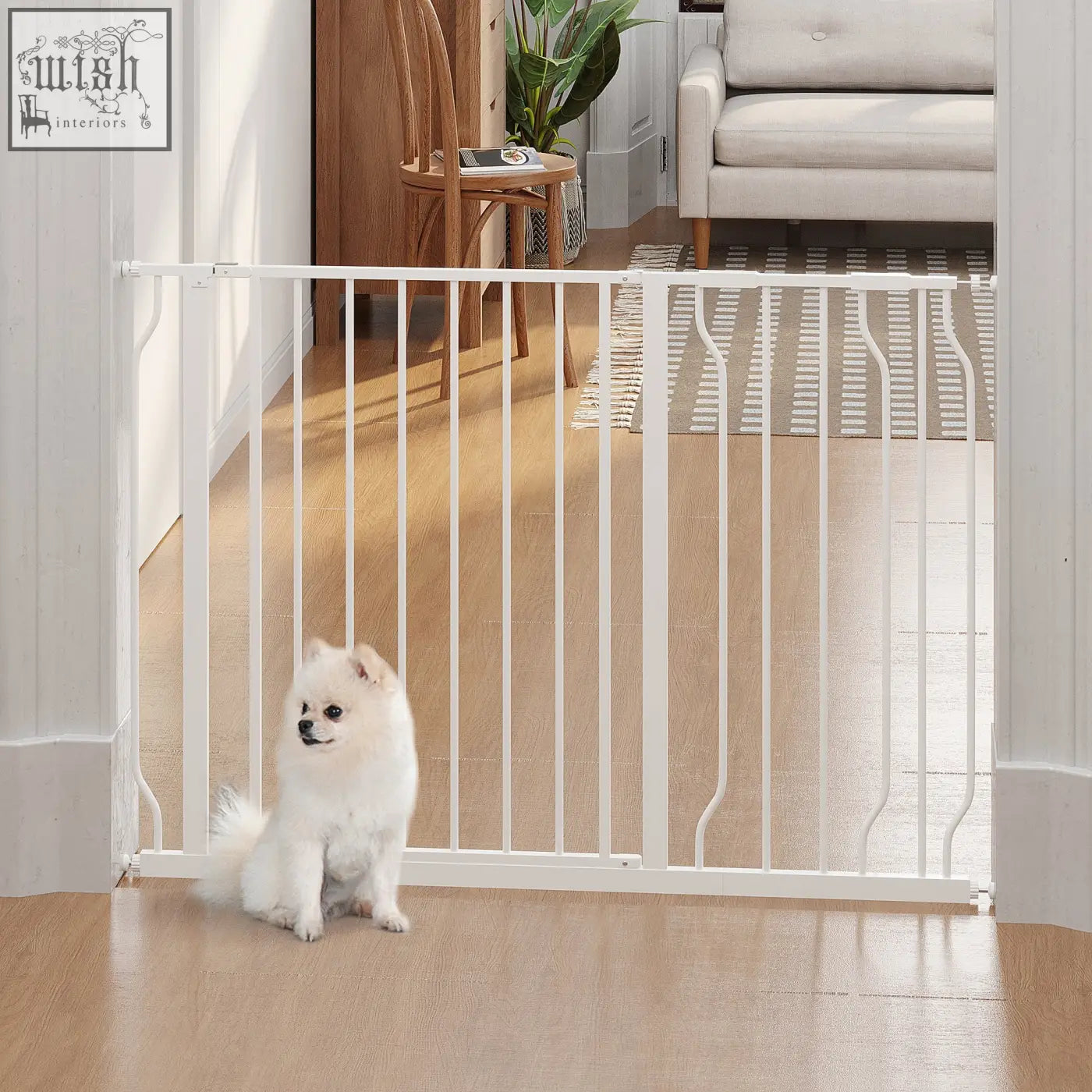 White metal safety gate with curved bars and adjustable width for doorways by pawhut wide dog