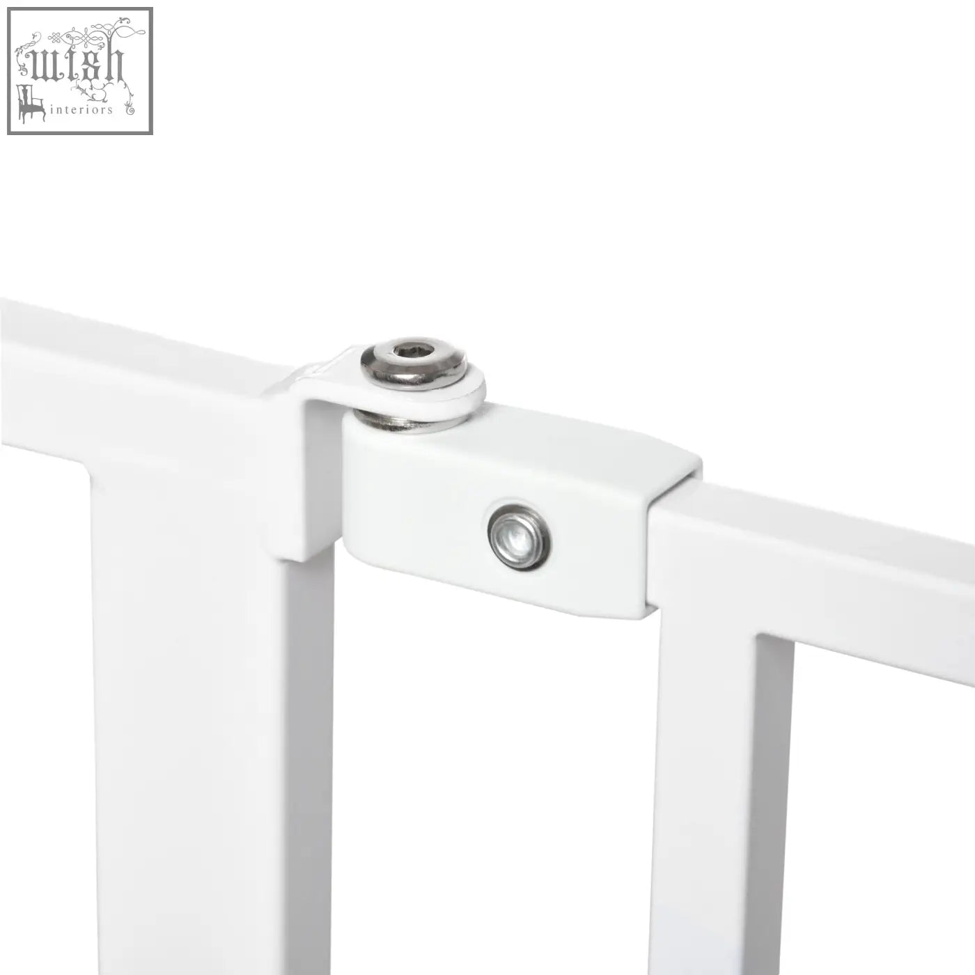 White metal gate hinge with silver screws on pawhut wide dog safety gate with adjustable width for doorways and staircases