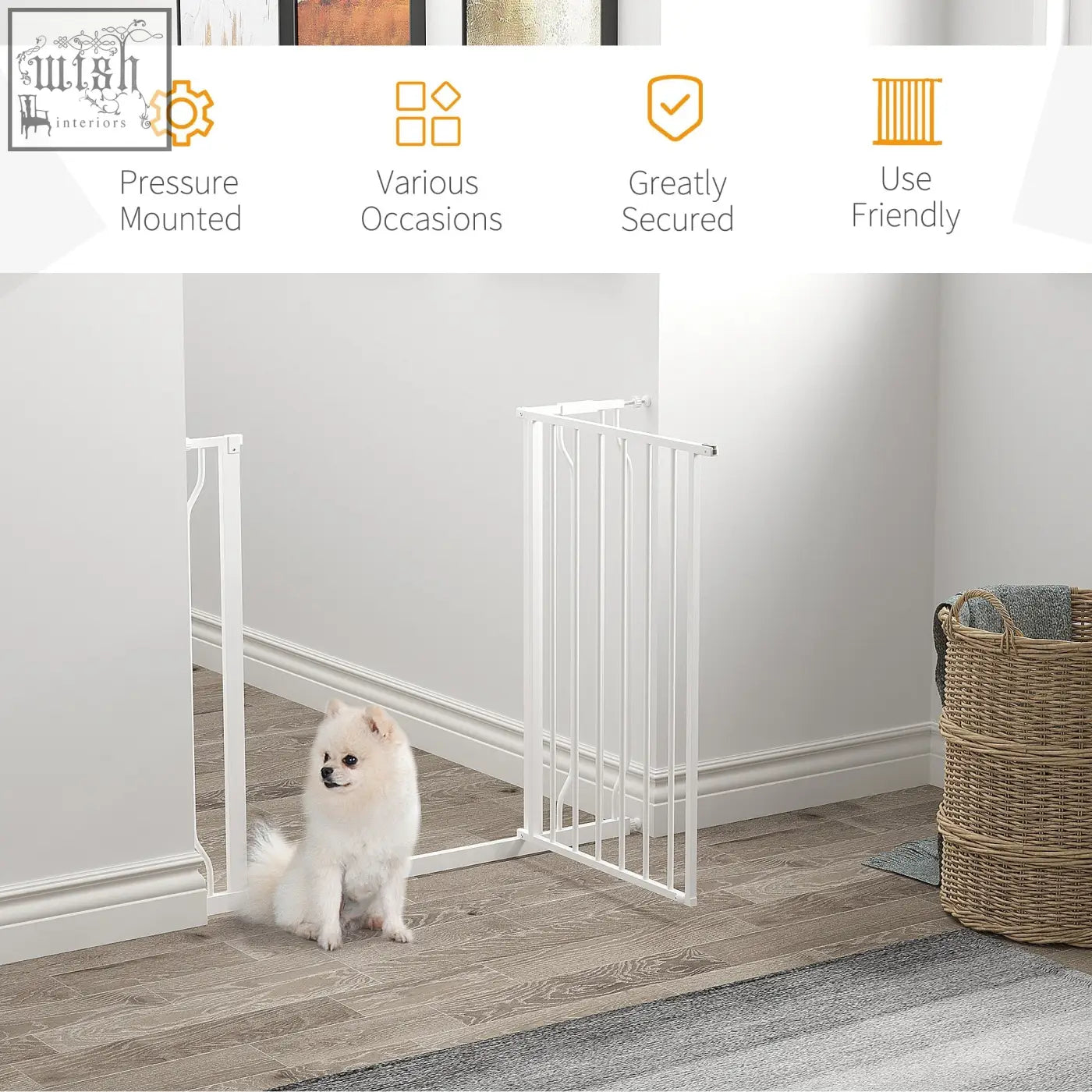 White metal safety gate with vertical bars and pressure-mounted adjustable width for pawhut wide dog use