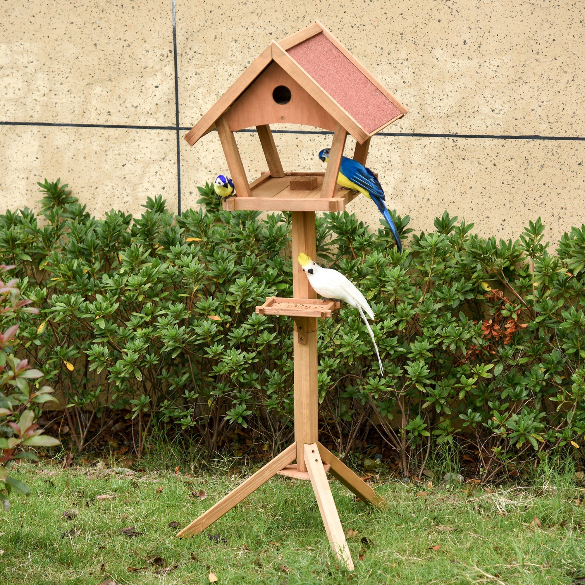 Pawhut wooden bird table freestanding feeding station with pink roof made of solid fir wood for garden outside use