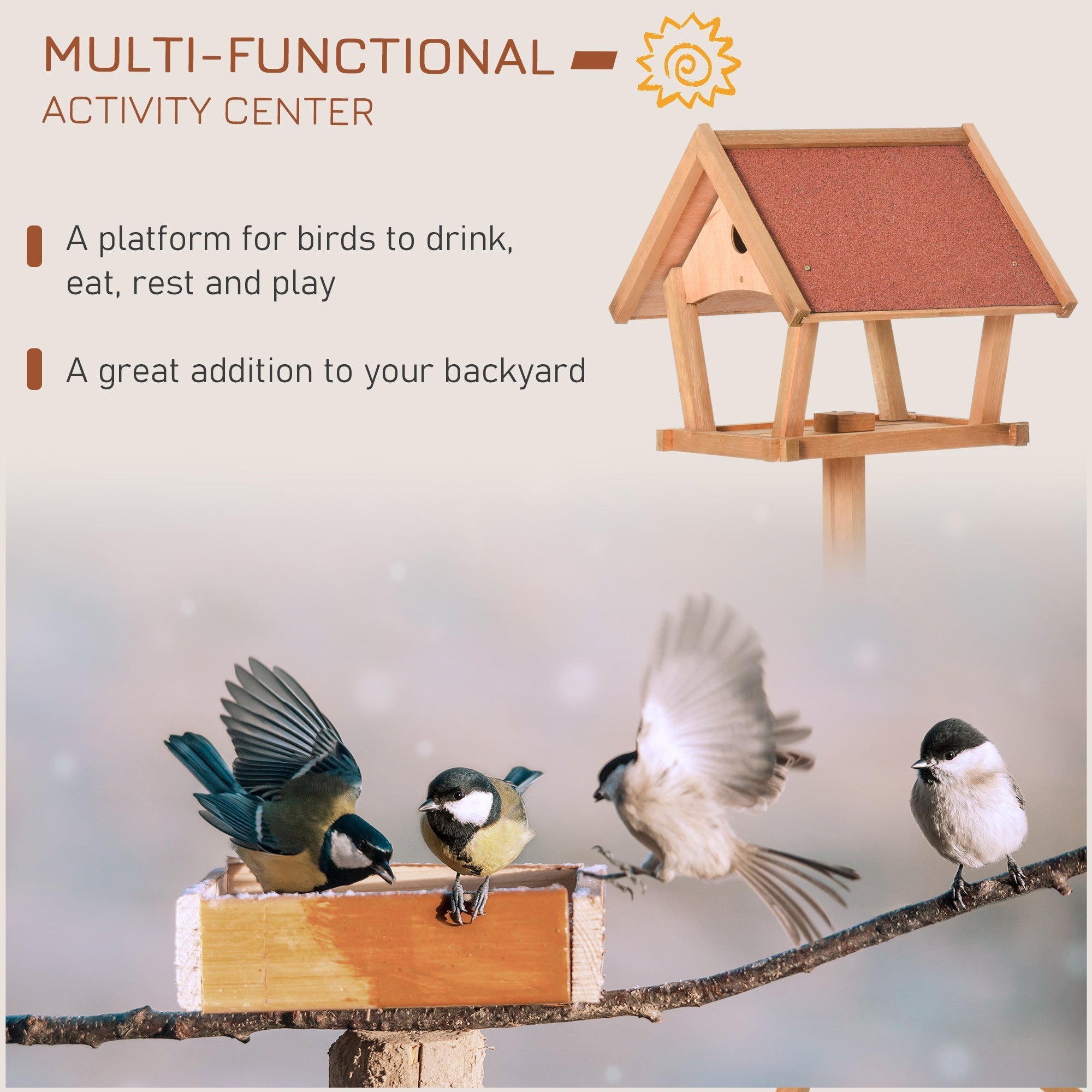 Pawhut wooden bird table with reddish-brown roof and natural solid fir wood sides for garden feeding station