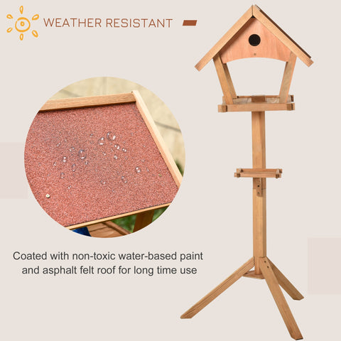 Pawhut wooden bird table freestanding feeding station in natural solid fir wood with asphalt felt roof and food platform