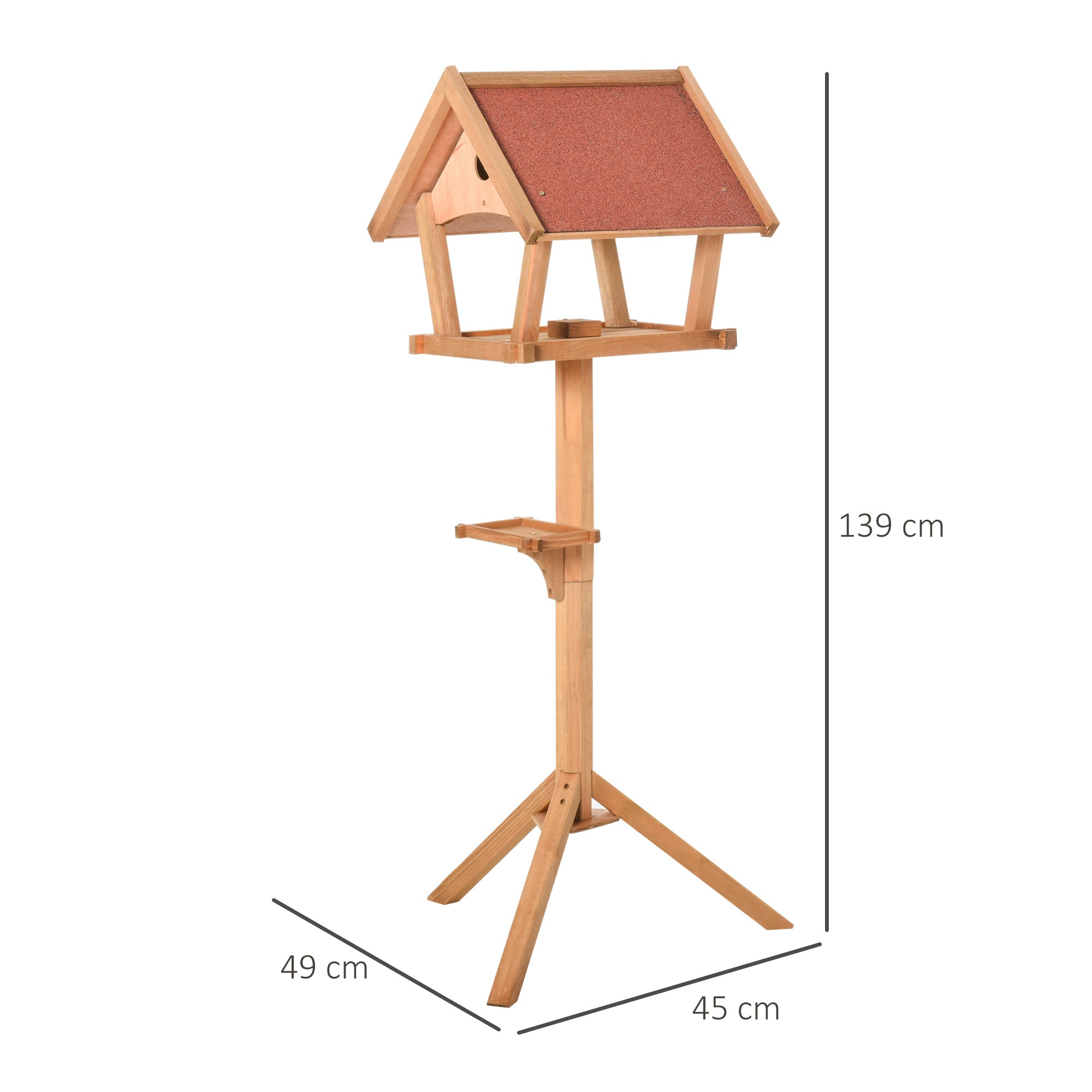 Pawhut wooden bird table freestanding feeding station made of solid fir wood with reddish-brown roof and two perches