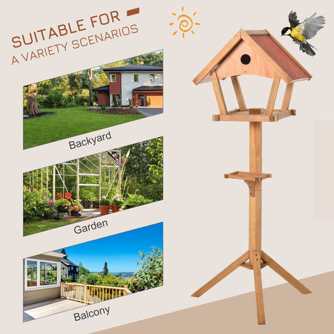 Pawhut wooden bird table freestanding feeding station in natural light brown solid fir wood with pitched roof and perches