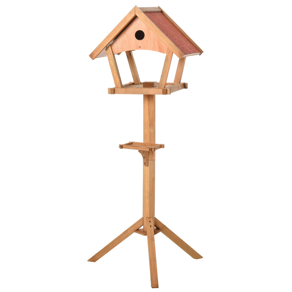 Light brown wooden bird feeder with slanted roof and two perches made of solid fir wood for outdoor garden use