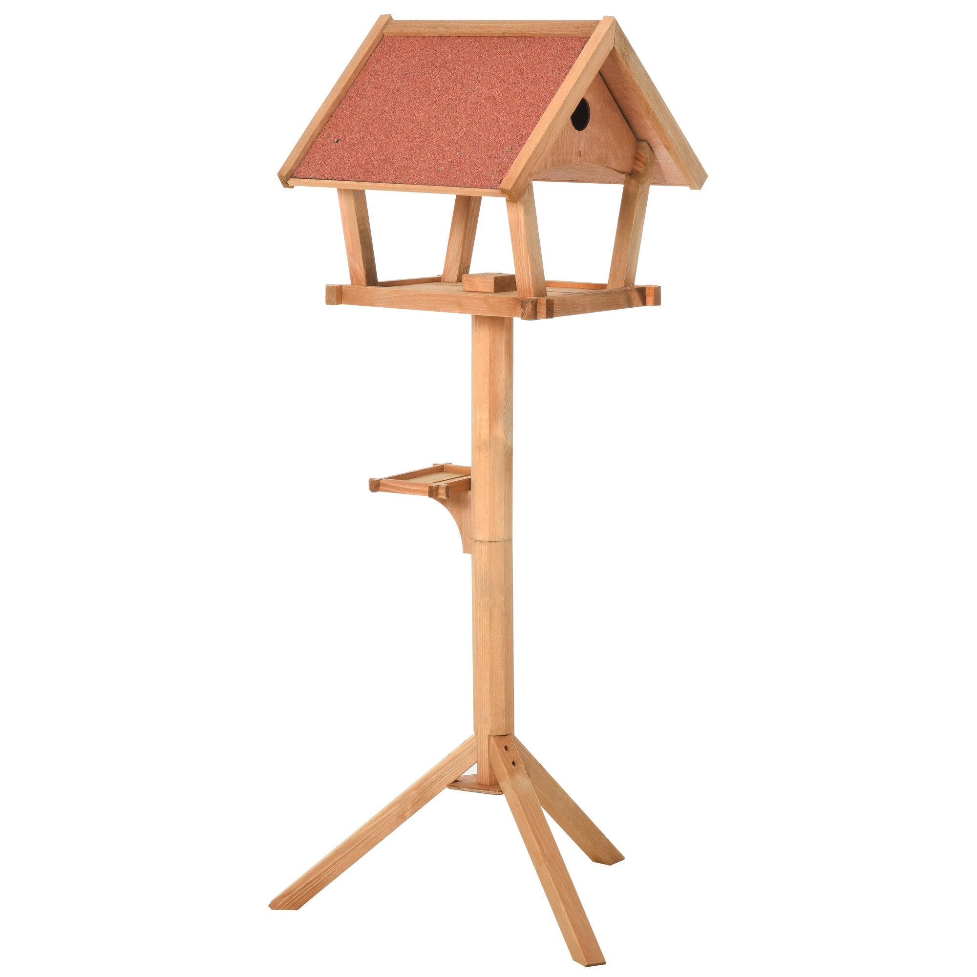 Pawhut wooden bird table freestanding feeding station with reddish-brown cork roof natural solid fir wood siding