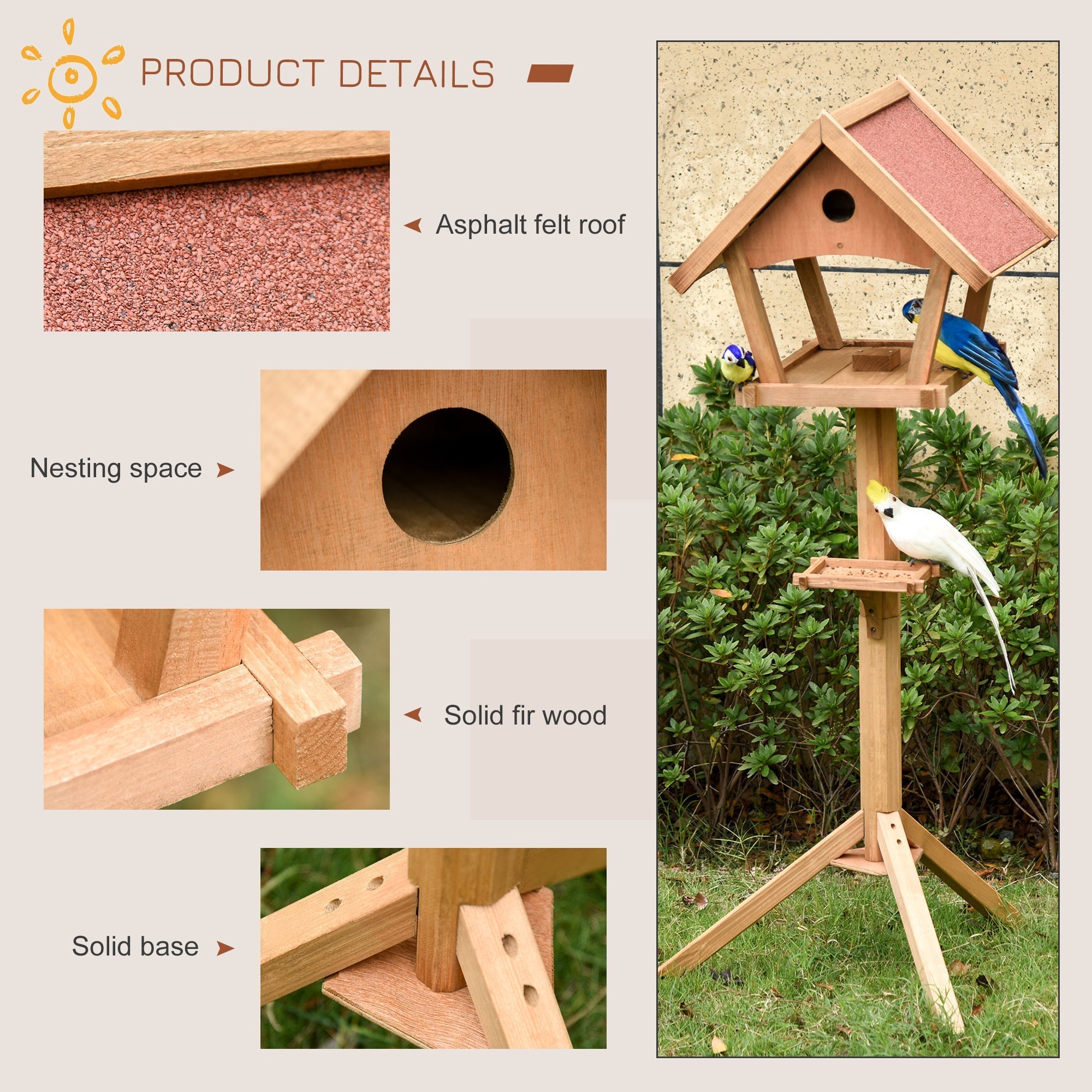 Pawhut wooden bird table freestanding feeder in natural light fir wood with pink asphalt felt roof for garden use