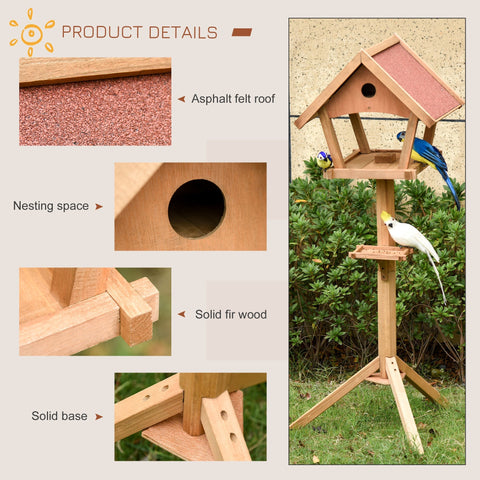 Pawhut wooden bird table freestanding feeder in natural light fir wood with pink asphalt felt roof for garden use