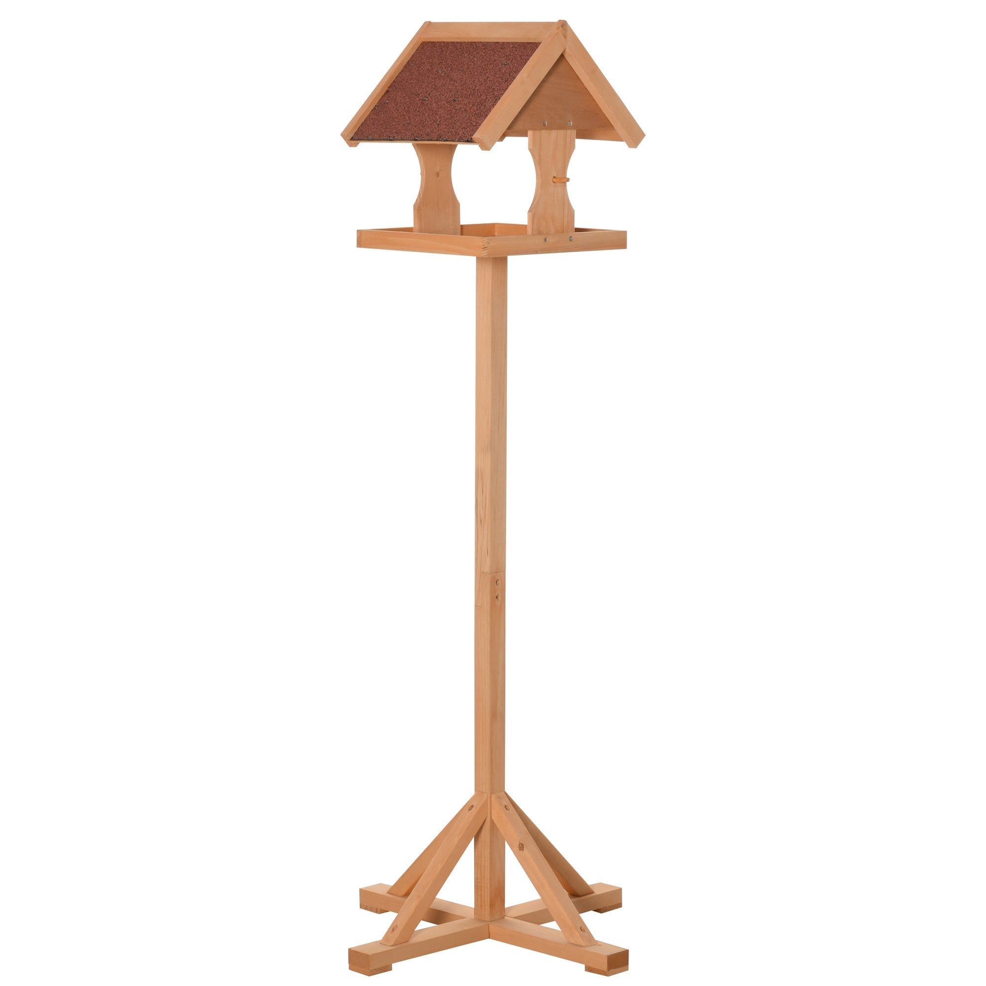 Pawhut wooden bird feeder made of light fir wood with a brown textured roof on a tall pedestal for garden use