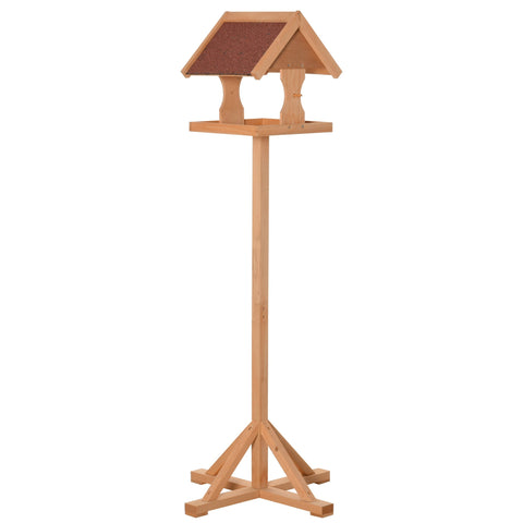 Pawhut wooden bird feeder made of light fir wood with a brown textured roof on a tall pedestal for garden use