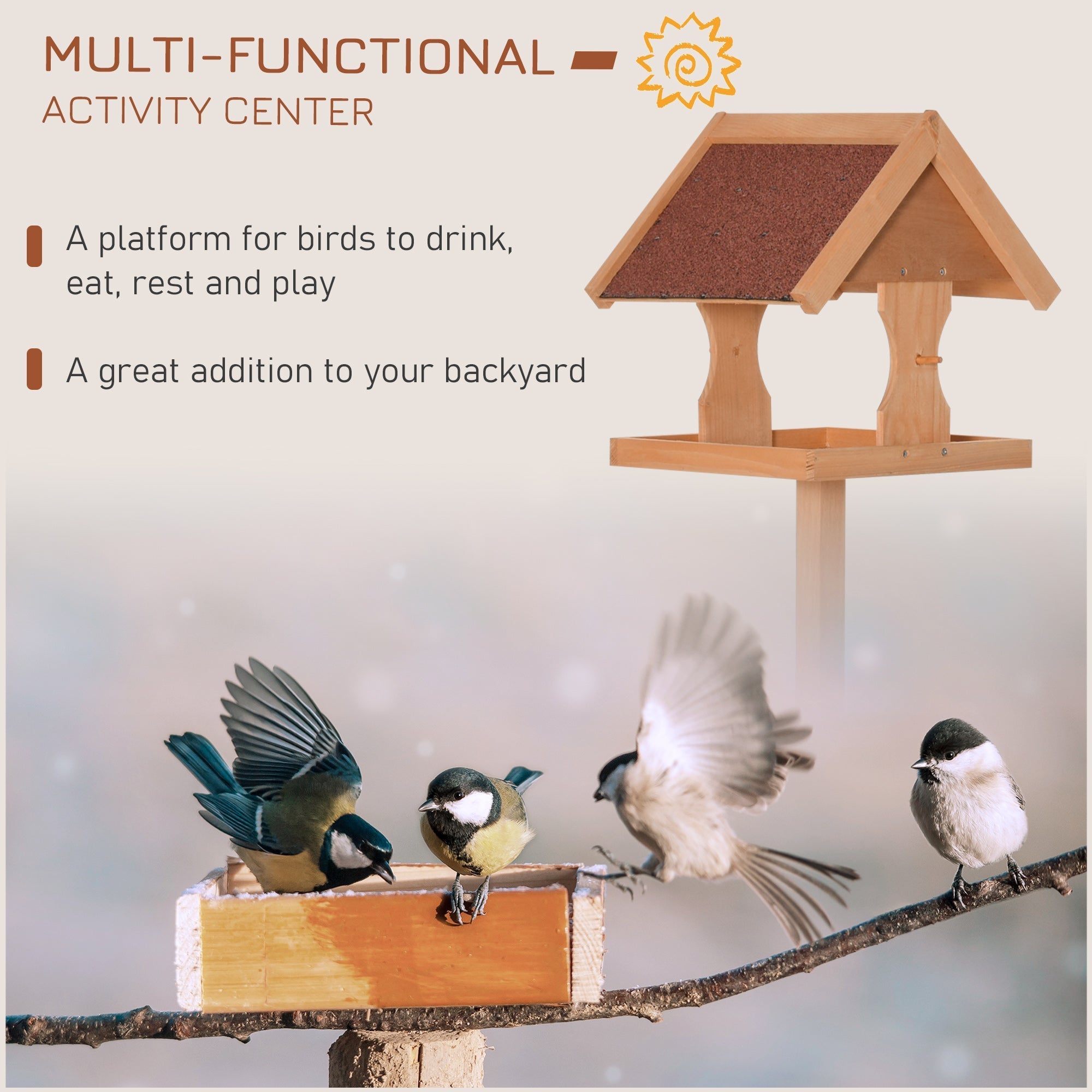 Light brown fir wood bird feeder with slanted roof and perched birds for garden outdoor use by pawhut