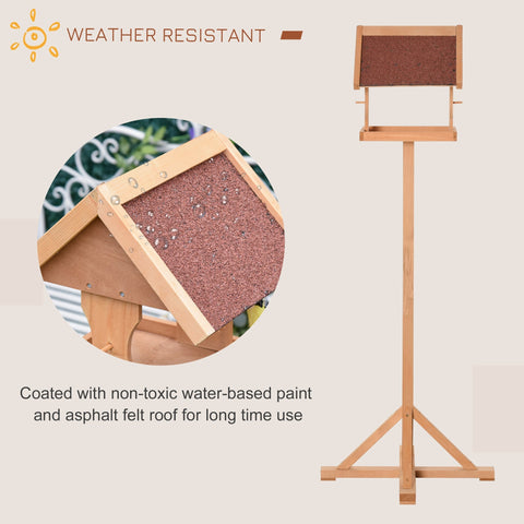 Light brown fir wood bird feeder with reddish asphalt felt roof and weather-resistant build for outdoor gardens