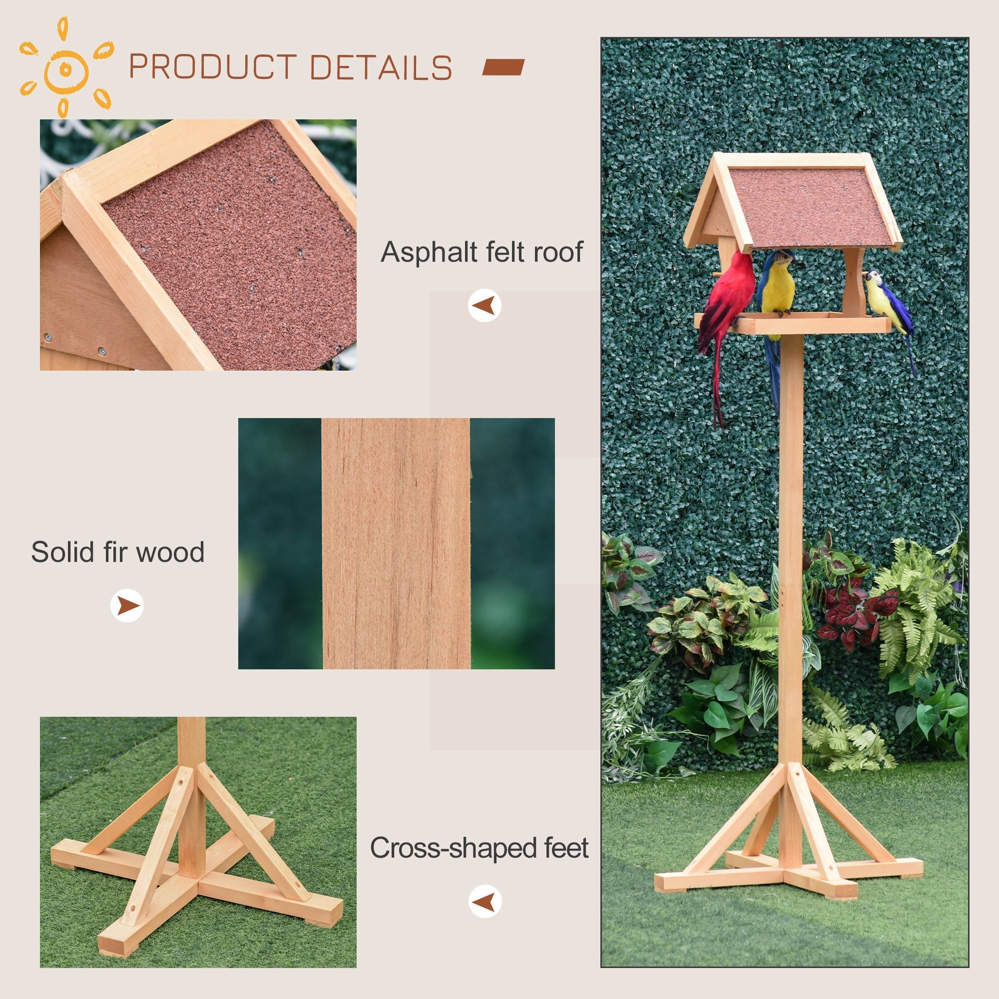 Pawhut wooden bird table bird feeder with fir wood frame and reddish brown asphalt felt roof for outdoor garden use