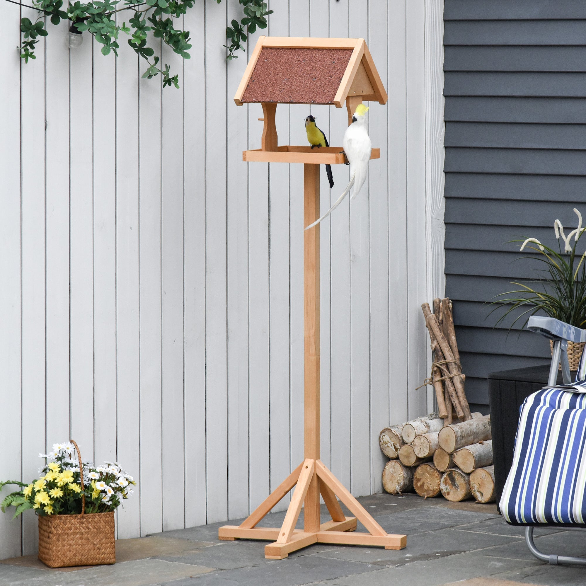 Pawhut wooden bird feeder with fir wood frame and brown cork roof featuring two perches for outdoor garden use