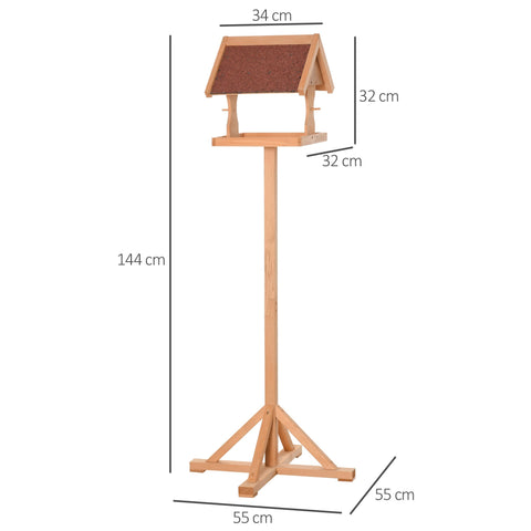 Light-colored fir wood bird feeder with brown textured roof on adjustable pedestal for outdoor garden use