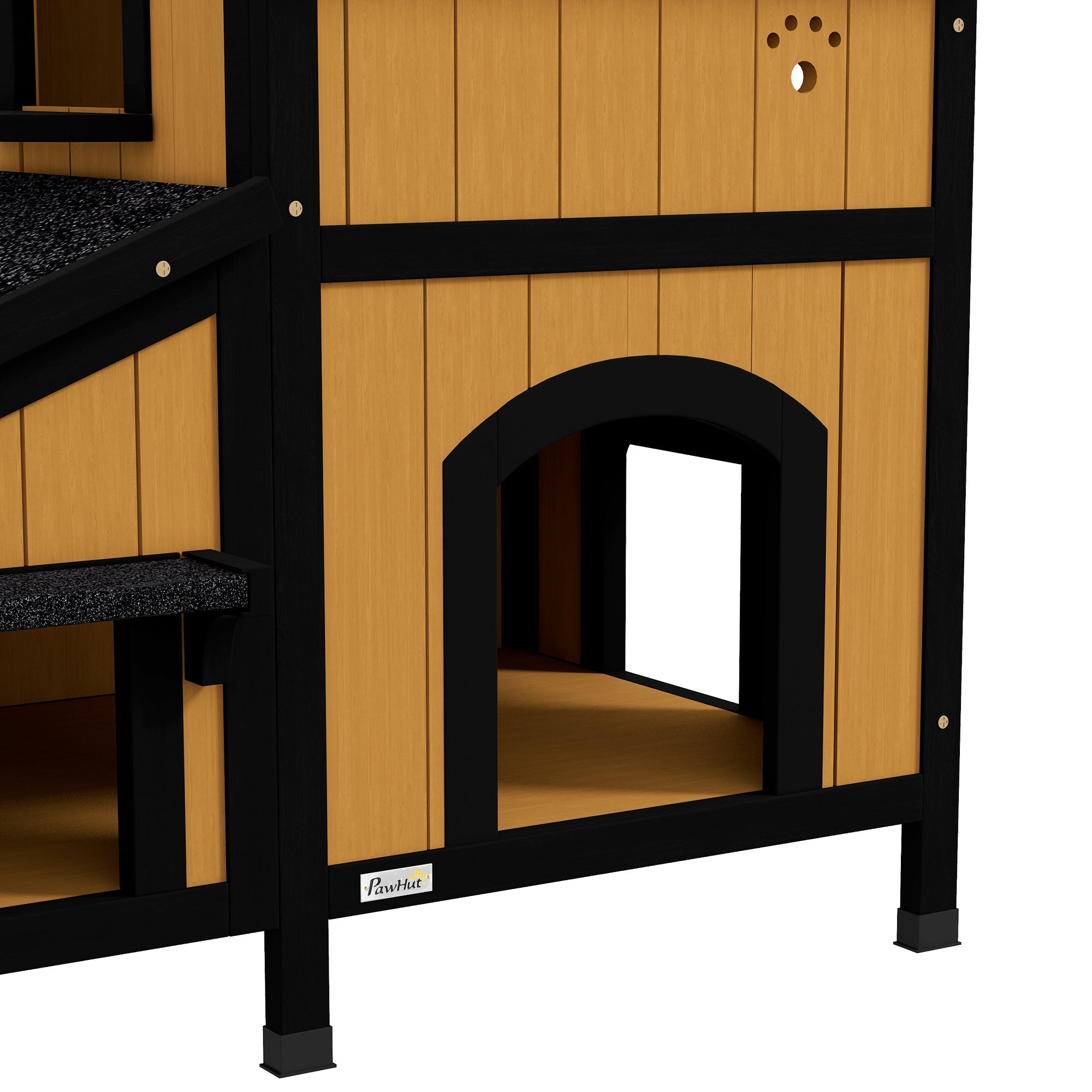 Pawhut wooden cat house in yellow with flower box, arched entrances, black metal trim, and wood-paneled exterior
