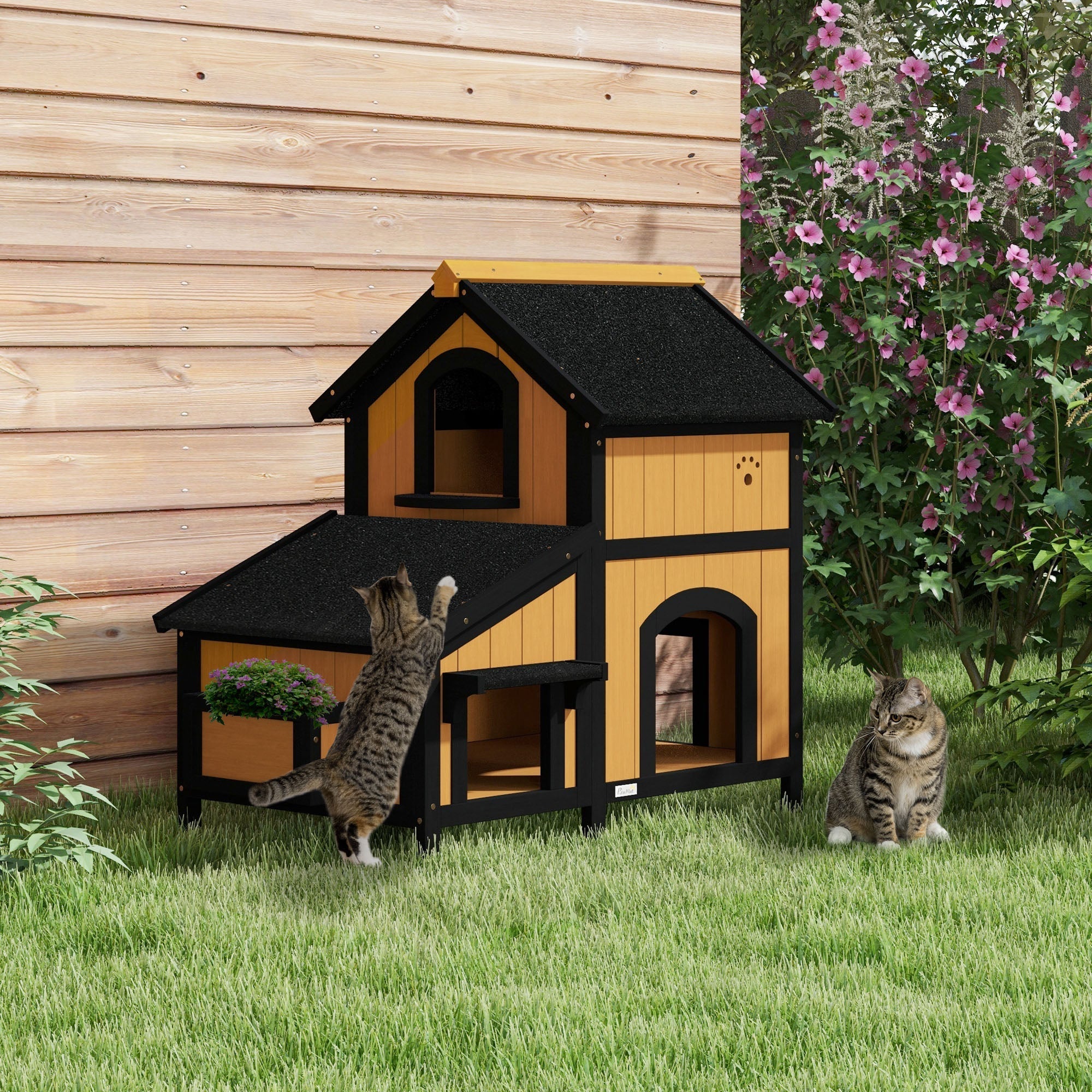Two-story wooden cat house with black roof, arched windows, porch, and yellow flower box by pawhut for outdoors
