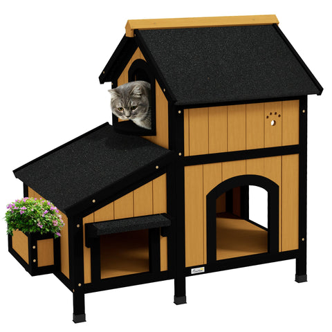 Two-story pawhut wooden cat house in yellow with black roof flower box textured exterior and paw print cutouts