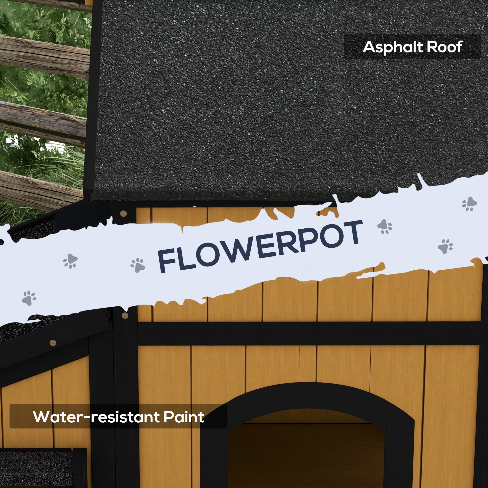 Yellow pawhut wooden cat house with flower box black asphalt roof and water-resistant paint for outdoors