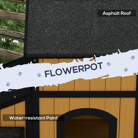 Yellow pawhut wooden cat house with flower box black asphalt roof and water-resistant paint for outdoors