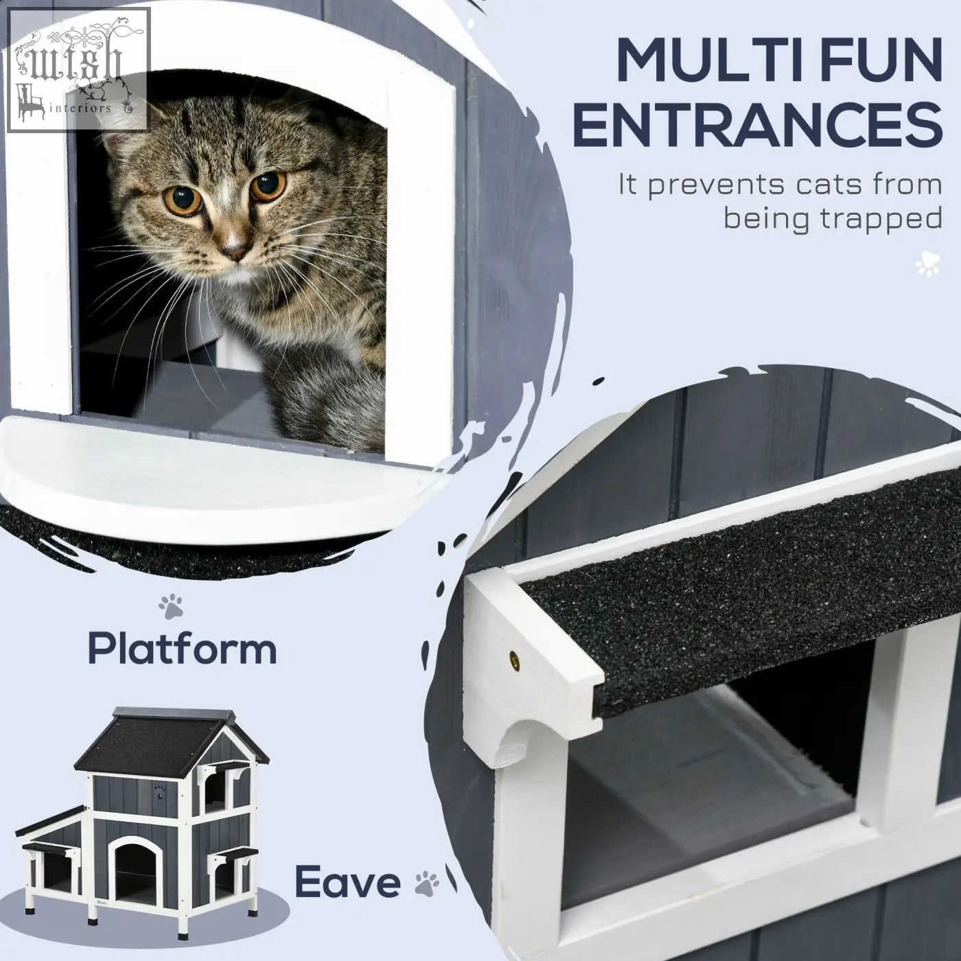 Gray and white pawhut wooden cat house with flower box multiple entrances and water-resistant roof for outdoor use