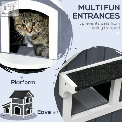 Gray and white pawhut wooden cat house with flower box multiple entrances and water-resistant roof for outdoor use