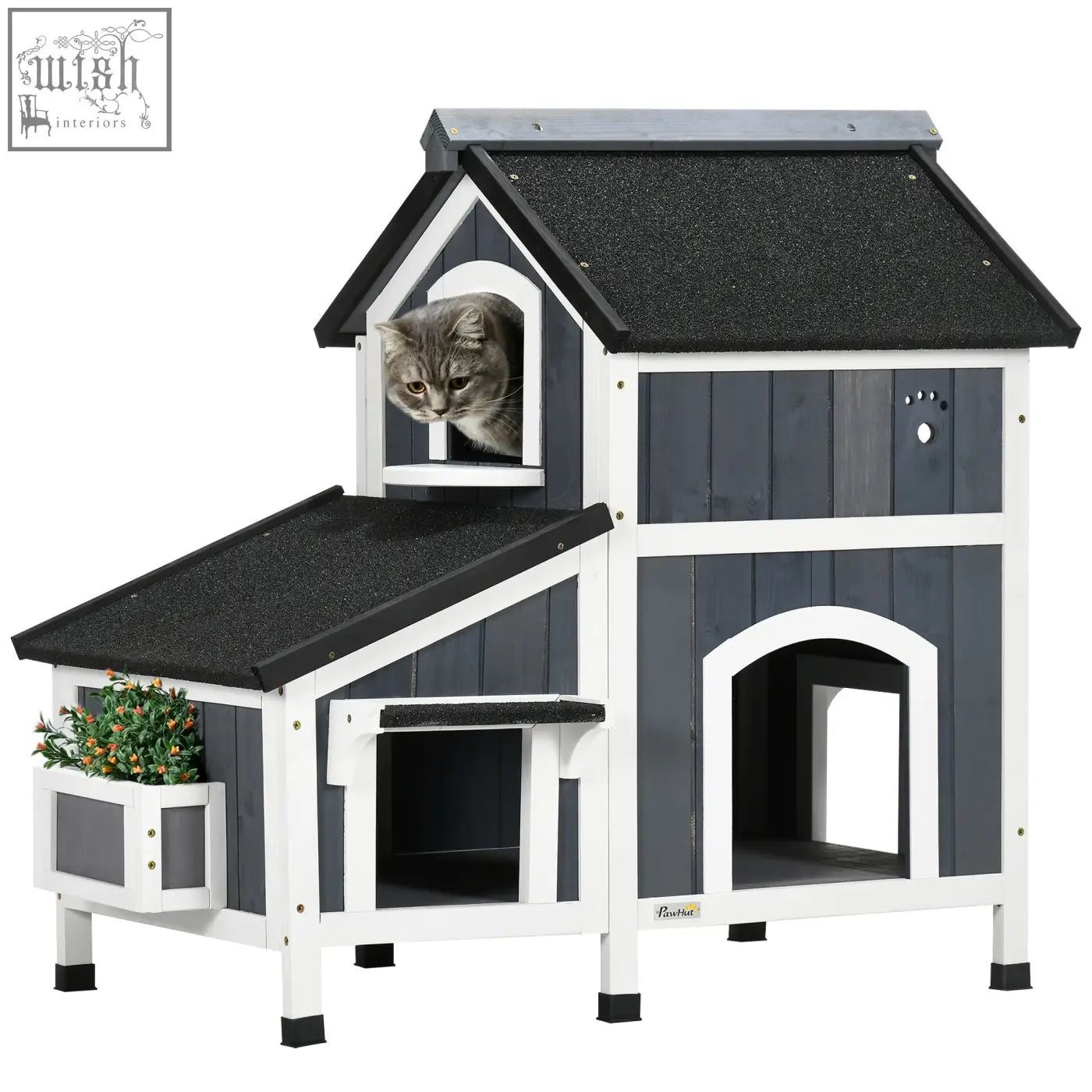 Pawhut wooden cat house in gray with flower box, black shingled roof, multiple entrances, and tabby cat peeking out
