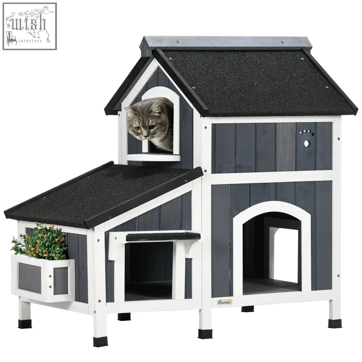 Pawhut wooden cat house in gray with flower box, black shingled roof, multiple entrances, and tabby cat peeking out