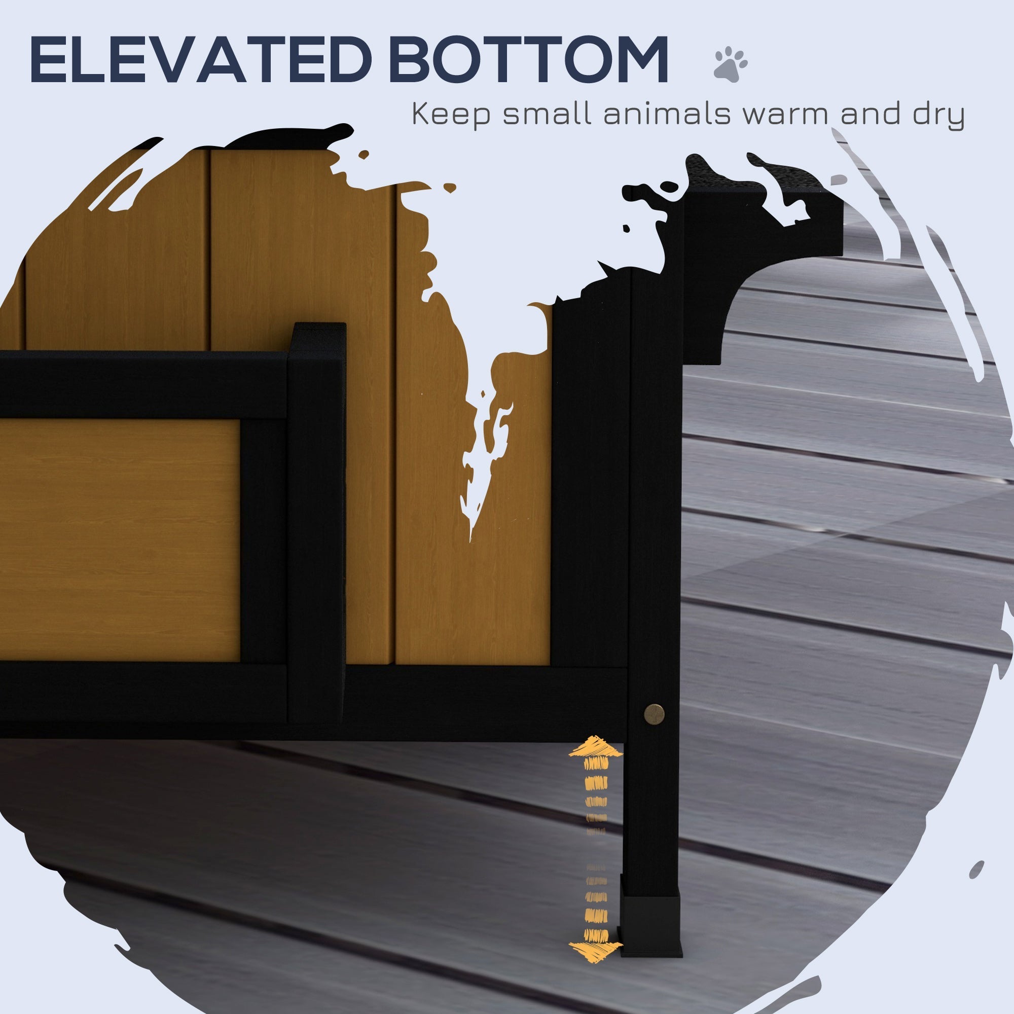 Black and tan elevated pet bed with paw print detail next to yellow pawhut wooden cat house with flower box and windows