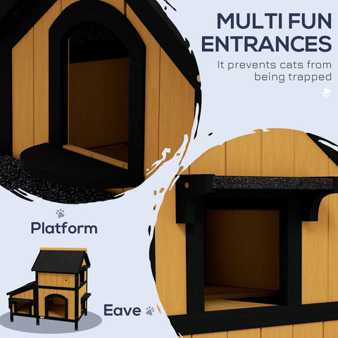 Yellow pawhut wooden cat house with flower box features multiple entrances to prevent trapping for outdoor use
