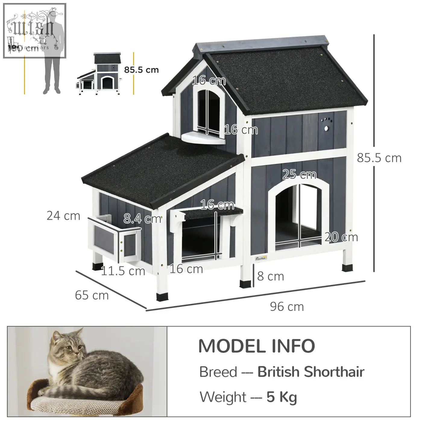 Two-story pawhut wooden cat house with grey flower box, dark gray white siding, black roof, arched windows, and balcony