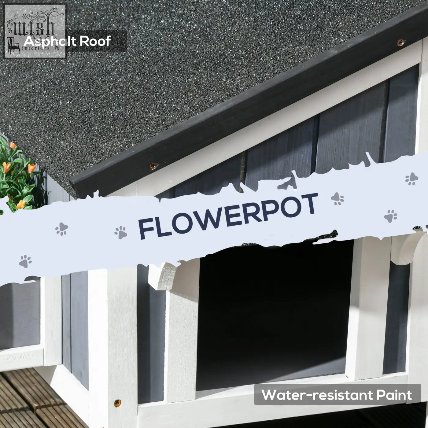 White wooden pawhut cat house with black trim gray roof flower box and multiple entrances for outdoor use