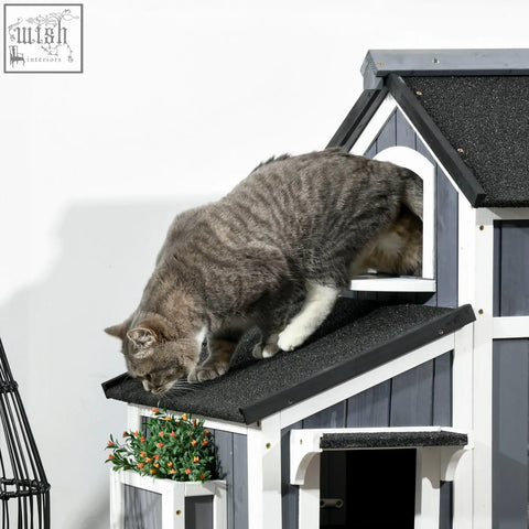 Gray tabby cat with white paws on pawhut wooden cat house with flower box and two-tone gray and white roof