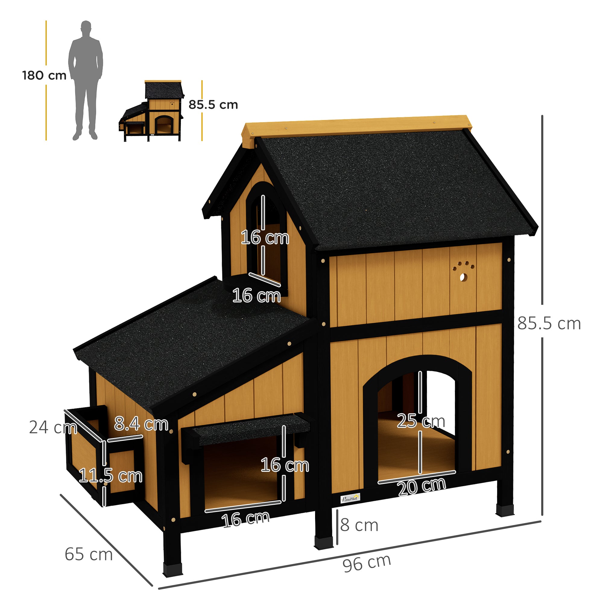Pawhut wooden cat house in yellow with two-toned wood, black roof, multiple entrances, and flower box window