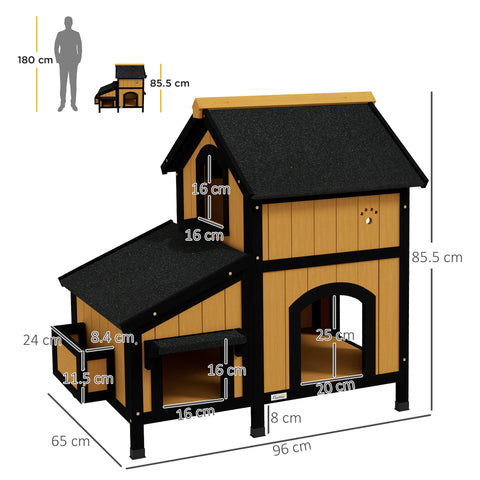 Pawhut wooden cat house in yellow with two-toned wood, black roof, multiple entrances, and flower box window