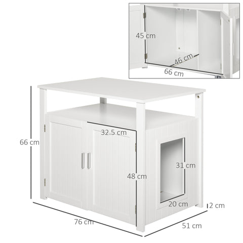 White wooden pawhut cat litter box enclosure with slanted top, two doors, open side entrance, and adjustable interior wall