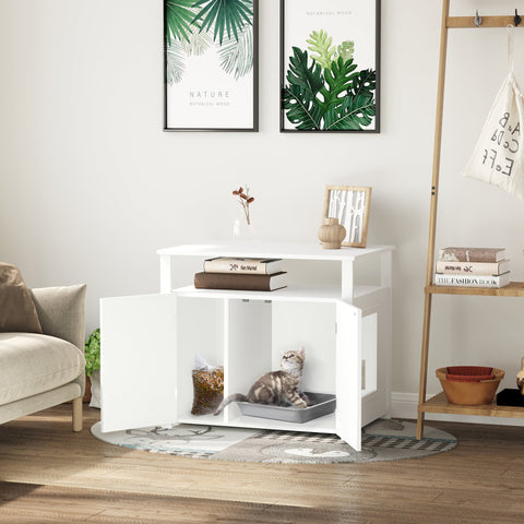 White wooden pawhut cat litter box enclosure with open doors, adjustable interior wall, and storage shelves